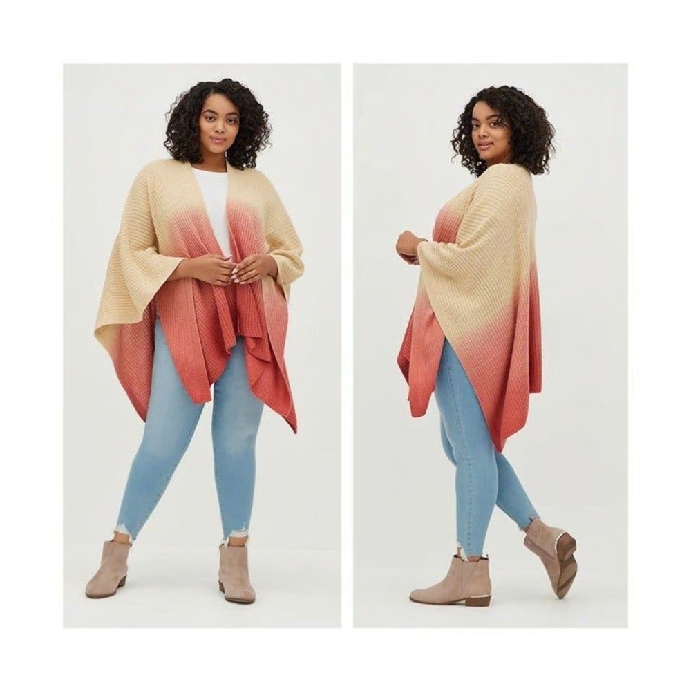 Torrid Women Ruana One Size Pink Tan Ombre Boho Knit Open Front Wrap Poncho